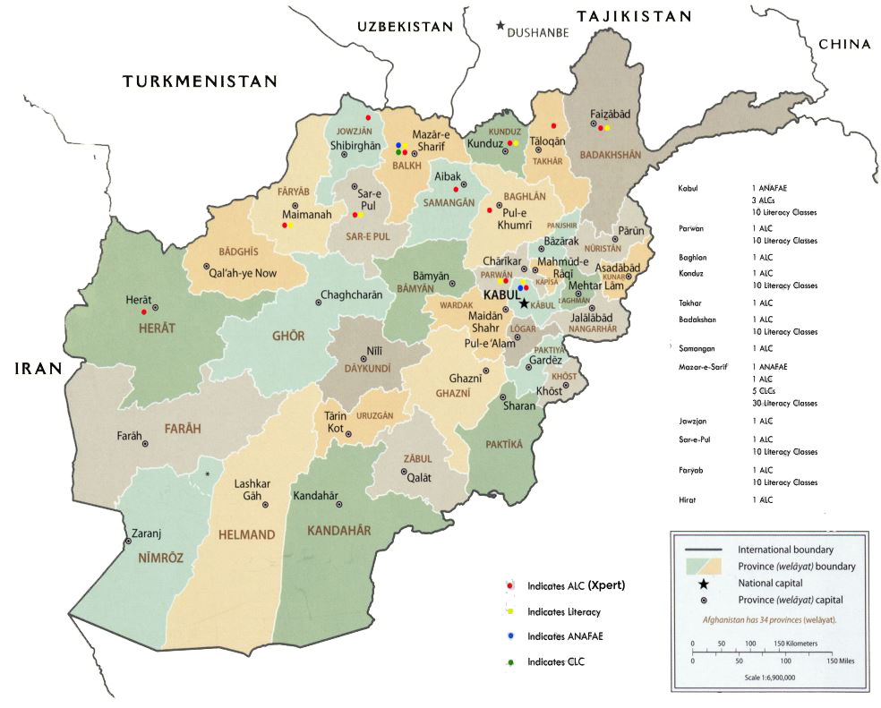 ANAFAE Working Working Regions on Afghanistan map.